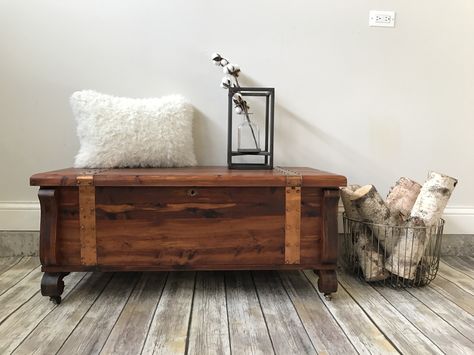 Vintage cedar chest stained using a custom mix of General Finishes Antique Walnut and Nutmeg gel stains. Chest Decor, Chest Makeover, Chest Ideas, Dream House Living Room, Modern Chests, Chest Coffee Table, General Finishes, Cedar Chest, Trendy Living Rooms