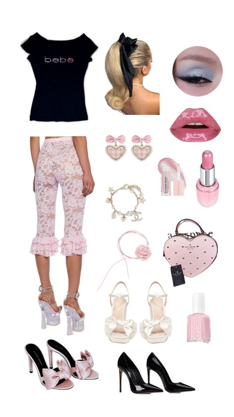 Bebe Shirt + Pink Lace Capris Coquette Outfit Inspo #pink #pinklace #capris #coqqette #coquetteoutfit #bebe #heels Bebe Shirt, Outfit Inspo Pink, Bebe Shirts, Coquette Outfit, Pink Lace, Capri, Heels, Lace, Outfit Inspo