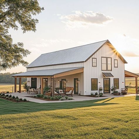 Metal Building Homes White Shop House, Brown Barndominium Exterior, 2 Story Barndominium Ideas Exterior, Barndominium With Pool, White Barndominium, 2 Story Barndominium Ideas, Ranch House Exterior, Metal Building Home, Brown County