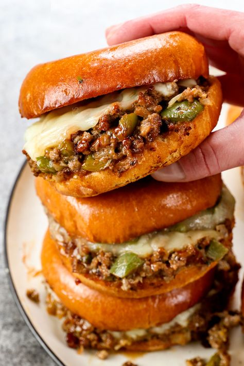 Philly Cheesesteak Sloppy Joes + VIDEO! (How to Make Ahead/Freeze) Cheesesteak Recipes, Cheesesteak Sloppy Joes, Philly Cheesesteak Sloppy Joes, Cheesesteak Sandwich, Joe Recipe, Cheese Steak Sandwich, Carlsbad Cravings, Sloppy Joes Recipe, Food Inspired