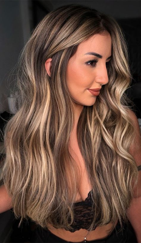 Brown Hair With Big Blonde Highlights, Brown With Thick Blonde Highlights, Natural Honey Highlights, Summer Hair Balayage Brunettes, Dimensional Blonde Long Hair, Light Brown Hair Platinum Highlights, Brunette With Golden Blonde Highlights, Blonde Hair With Honey Brown Highlights, Blended Brown Balayage