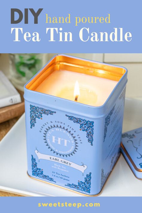 This fun tea tin craft is a pretty way to reuse tea tins. Hand poured soy candles are easy to make and make beautiful homemade gifts, too. Plus, when you repurpose your tea tins, you can feel good about doing your part to help the environment. Get started making your own candle with these simple instructions. #tea #teatin #candle #candles #candlemaking #soycandles #homemadecandles #diycandles #crafts #crafting #craftingideas #handmade #reuse #repurposed #upcycle #upcycling #upcycledcrafts #diy Tea Infused Candles, Harney And Sons Tea Tins Crafts, Tea Tin Crafts, Tea Candles Ideas Decor, Tea Candles Ideas, Tea Tins Repurposed, Candle Container Ideas, Simple Homemade Gifts, Diy Candle Jars