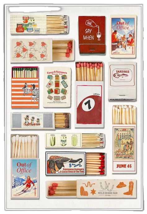 Cool Matchbox Designs, Vintage Matchbooks Art, Match Box Wall Art, Photo Wall Collage Bathroom, Retro Matchbox Art, Cute Matchbooks, Match Box Collage, Vintage Matchbox Print, Wedding Gift Aesthetic