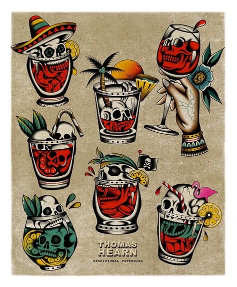 Thomas Hearn on Instagram: "Last orders cocktail club 🍹 These skull cocktails are definitely one my favourite things to tattoo. Thanks to everyone who’s picked up one of these so far. Let me know which is your favourite." Traditional Tattoo Drawings, Beer Tattoos, Traditional Tattoo Old School, Traditional Style Tattoo, Traditional Tattoo Sleeve, Old School Tattoo Designs, Traditional Tattoo Design, Traditional Tattoo Art, Classic Tattoo