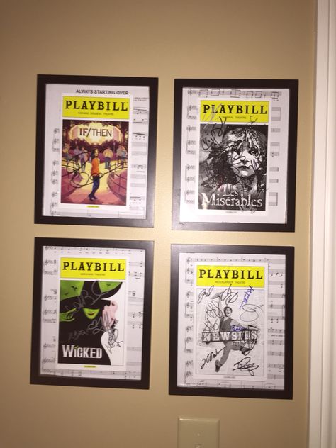 Playbill display- LOVE the idea of matting them over a piece of music from the show! Broadway Themed Bedroom Ideas, Playbill Display Ideas Wall Art, Diy Playbill Display Ideas, Displaying Playbills, Music Memorabilia Display Ideas, Broadway Themed Bedroom, Framed Playbills, Playbill Display Ideas, Playbill Wall