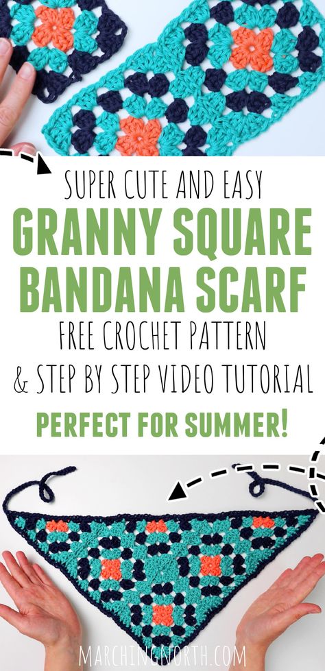 Granny Square Bandana (Free Pattern & Tutorial!) Granny Square Hair Scarf, Crochet Granny Square Head Scarf, Crochet Granny Square Hair Bandana Free Pattern, Beginner Crochet Bandana, Simple Crochet Bandana, Granny Stitch Bandana, Crochet Granny Square Bandana Pattern, Granny Square Dog Bandana, Diy Crochet Bandana