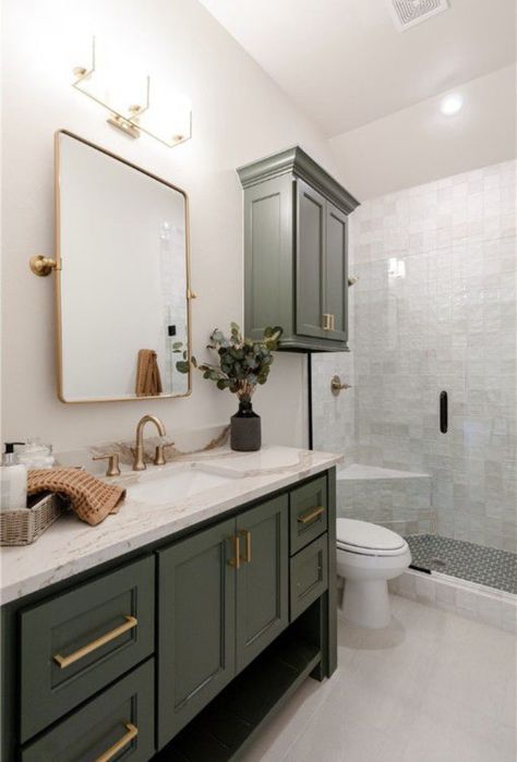 Bathroom Vanity Olive Green, Neutral Green Bathroom Ideas, Bathroom Remodel Olive Green, Moody Green Bathroom Cabinets, California Casual Interior Design Bathroom, Small Moody Master Bath, Diy Ensuite Makeover, Vintage Green Bathroom Vanity, Sage And Gold Bathroom Ideas