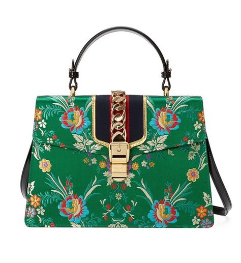 Gucci Sylvie Medium Top Handle Green Floral Brocade Jacquard Cross Body Bag - Tradesy Gucci Sylvie Bag, Gucci 2017, Tea Afternoon, Gucci Sylvie, Pretty Purses, Jacquard Top, Gucci Floral, Gucci Women, Floral Bags