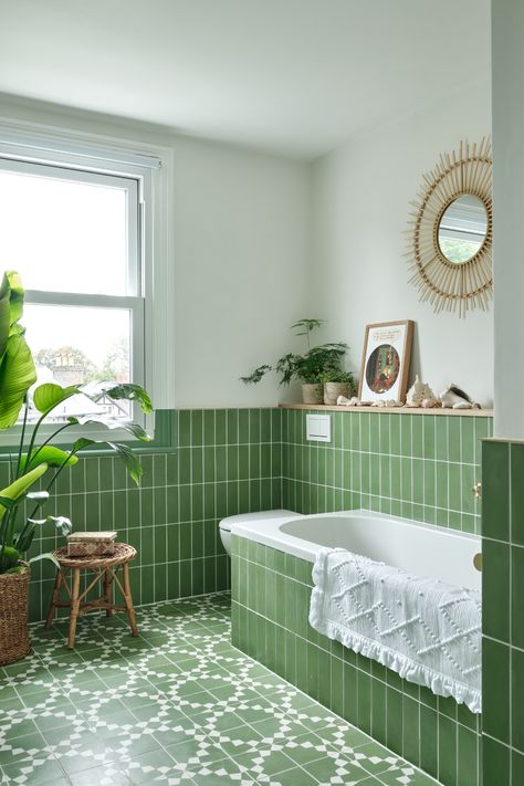 Our vast range of green toned tiles offers opportunity to experiment with different designs and patterns. Transform your floors and walls by browsing our range of green tiles. Image via @astridtemplier @lostandfoundinteriors Colourful Tiled Bathrooms, Tiled Bath Panel Ideas, Green Bathroom Tiles Wall, Tiled In Bath, Green Tiles In Bathroom, Colourful Bathroom Tiles, Green Tiled Bathrooms, Light Green Tile Bathroom, Green Bathroom Floor