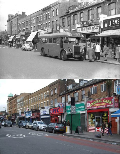 https://flic.kr/p/oaUNr9 | Finsbury Park, Blackstock Road C1950's & 2014 | The Gordon cafe is now the Arsenal cafe.   Top photo - John Boylett  N.B If you're viewing this picture in photostream, you may miss many of the items in the Finsbury Park album. To see the photos in sequence, showing the area in the 20th century, click the following link www.flickr.com/photos/warsaw1948/sets/72157626005913574/ Cafe London, London Buses, Road Photo, Camden London, Finsbury Park, Decker Bus, Travel Uk, London History, Double Decker Bus