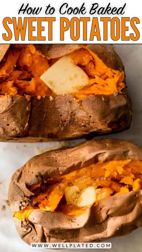 How to bake a sweet potato in the oven perfect every time! Enjoy melt-in-your-mouth, fluffy, creamy baked sweet potatoes with this recipe. Instant Pot Sweet Potatoes, Perfect Baked Sweet Potato, Crock Pot Baked Potatoes, Sweet Potato Cupcakes, Steamed Sweet Potato, Sweet Potato Recipes Baked, Baked Sweet Potatoes, Vegetables Recipes, Cooking Sweet Potatoes