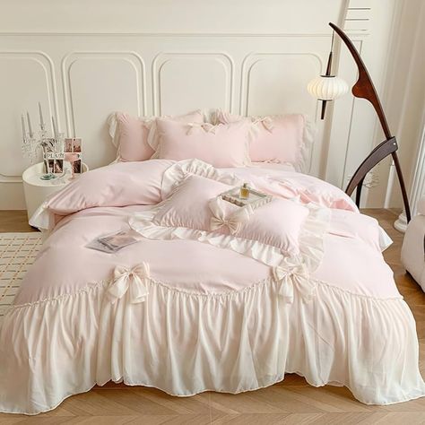 Amazon.com: SOUKECHY Chic Lace bedding,Girls Twin Aesthetic Comforter Cover Set,Romantic French Princess Style Ruffled Duvet Cover with Lovely Bow with Zipper Closure-Blue,Twin : Home & Kitchen Ruffle Quilt, Lace Bedding Set, Korean Princess, Romantic Princess, Ruffle Duvet Cover, Lace Bedding, Crochet Ruffle, Luxury Girl, Flat Bed