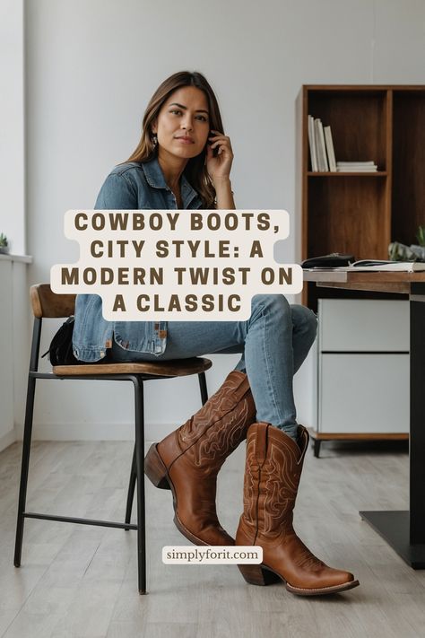 Elevate your everyday looks with the timeless appeal of brown cowboy boots. From jeans and a t-shirt to a chic dress, these boots can effortlessly transform your outfit. Cowgirl Brown Boots Outfit, Cowboy Boots Work Outfit Women, Short Western Boots Outfit, Brown Cowboy Boots Outfit Winter, Brown Western Boots Outfit, Cowboy Ankle Boots Outfit, Tecovas Boots Women Outfit, Tecovas Boots Women, Casual Cowboy Boots Outfit