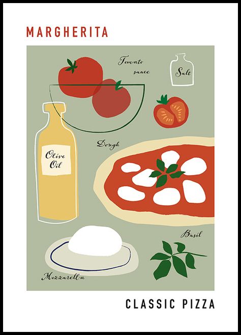 Pizza Illustration, Pizza Graphic, Pizza Poster, Typographie Inspiration, Affiches D'art Déco, Janet Hill, Pizza Art, Classic Pizza, Pizza Margherita