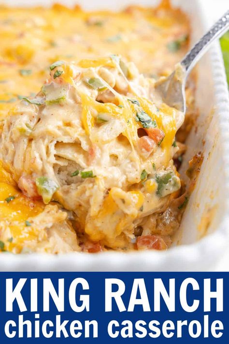 This King Ranch Chicken Recipe is a Tex-Mex favorite! It's a hearty and comforting casserole made with layers of shredded chicken, corn tortillas, and a creamy sauce all topped with melty cheddar cheese. It's perfect for family dinners or potlucks.