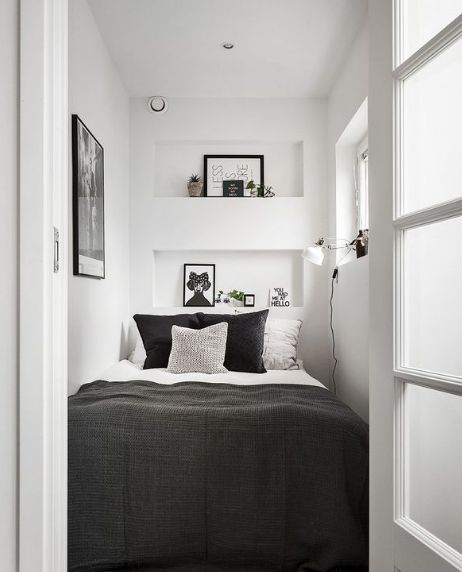 dreamy bedroom space, via @refinery29 Very Small Bedroom, Tiny Bedroom Design, Small Bedroom Inspiration, Bedroom Gray, Small Apartment Bedrooms, Minimal Bedroom, Small Bedrooms, Decor Ikea, Small Bedroom Designs