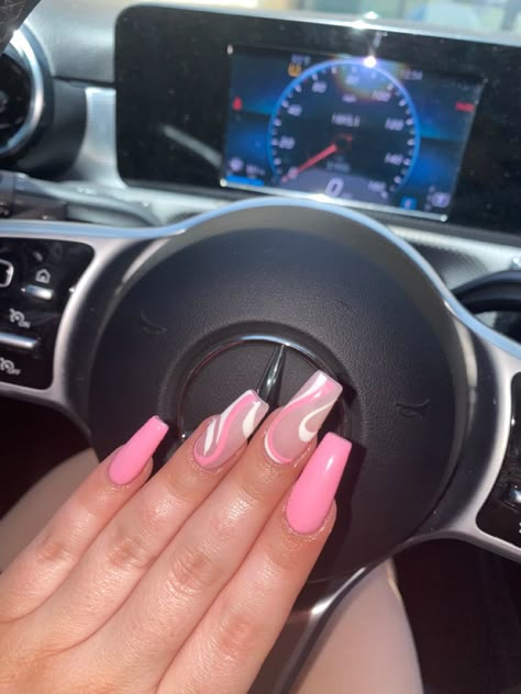 Cute Swirl Nail Designs, Coffin Shape Swirl Nails, Swirly Acrylic Nails Coffin, Simple Cute Nails Acrylic Coffin Pink, Coffin Shaped Nails Designs Summer, Light Pink Nails With Swirls, Ombre Nails With Swirls, Swirl Pink Nails, Coffin Shaped Spring Nails