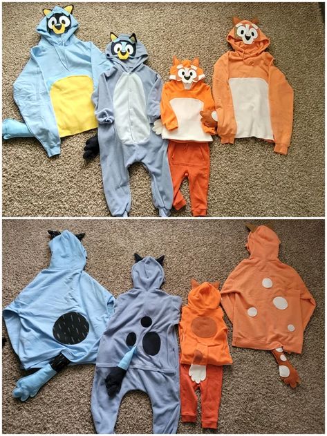 Bingo Costume Halloween, Easy Diy Bluey Costume, Bluey Family Costume Ideas, Bandit And Chilli Costume, Bluey Family Halloween Costume Diy, Diy Bluey And Bingo Costumes, Heeler Family Costume, Bluey Mom Costume, Chili And Bandit Bluey Costume