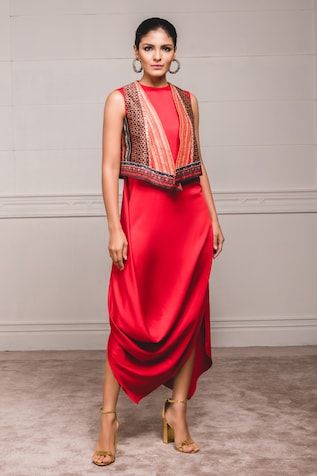 Draped Dress with Jacket Cowl Dress Indian, Satin Drape Dress, Red Drapes, Dress With Jacket, Cowl Dress, Tarun Tahiliani, Embroidered Neckline, Indian Fashion Designers, Draped Dress