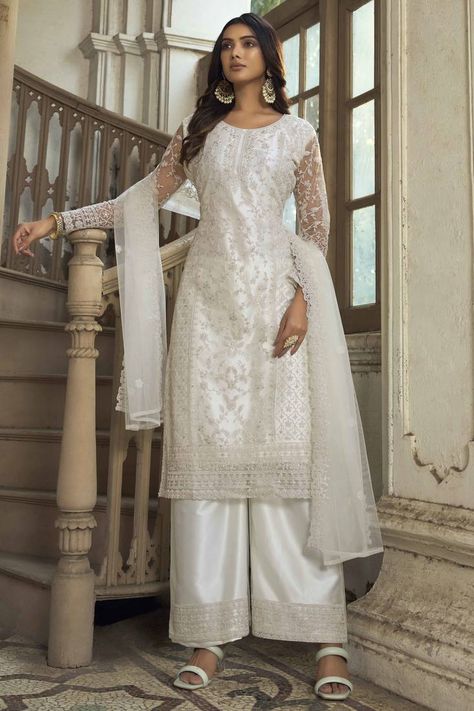 White Salwar Suit with Embroidery on Net. (1 Top/1 Bottom/1 Dupatta) Straight Salwar, Celana Fashion, Butterfly Net, Indian Salwar Kameez, Palazzo Suit, Salwar Kamiz, Desi Clothes, Eid Dresses, Pakistani Salwar Kameez