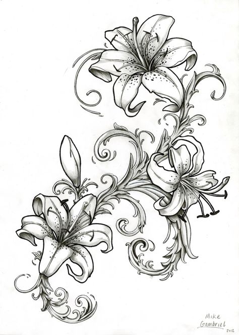 Drawings Lilly Tattoos, Tattoo Lily, Money Tattoos, Tiger Lily Tattoos, Drawing Of Flowers, Lillies Tattoo, Lily Tattoo Design, Lilies Drawing, Lily Flower Tattoos