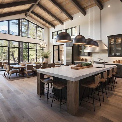 Modern Mountain Home, Modern Barn House, Rustic Modern Kitchen, Cabin Kitchens, Kitchen And Dining Room, Modern Mountain, Modern Cabin, Open Concept Kitchen, Modern Farmhouse Kitchens