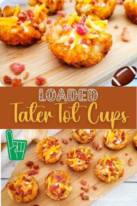 Loaded Tater Tot Cups- only 4 Ingredients - Mom Does Reviews Tater Tot Cups, Tater Tot Appetizers, Loaded Tater Tot, Baby Shower Finger Foods, Loaded Tater Tots, Shower Appetizers, Tater Tot Recipes, Delicious Appetizers, Appetizers Easy Finger Food