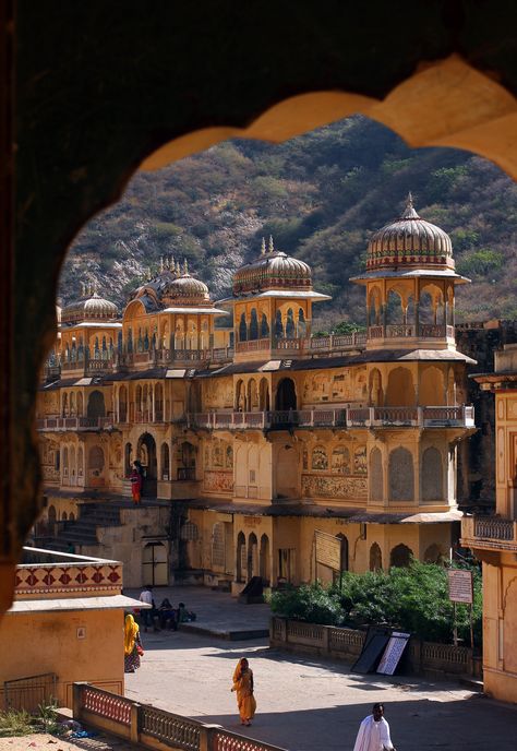 Monkey Temple Jaipur, Indian Architecture Photography, Rajasthan Temple, Jaipur Aesthetic, India Aesthetic, India Landscape, City Palace Jaipur, Jaipur Travel, Palace Architecture