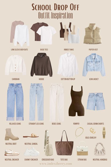 School drop off outfit ideas for mom! One less thing to worry about as the school year quickly approaches! 🤍 Casual Outfit For Home, Playdate Outfit For Mom Winter, Easy Outfits For Moms, Mom Wear Outfit Ideas, Casual Rich Mom Outfits, Fit Mom Outfits, Going Out Mom Outfit, New Mom Clothes Style, Fashionable Mum Outfits