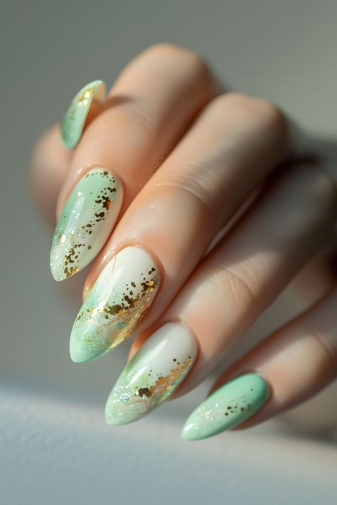 fun spring nails, spring time nails, spring nails, nail inspo, cute spring nails, nails spring, spring nail designs, minimalist nails, summer nails, spring nail ideas, april nails, spring nails designs, trendy spring nails, spring nails inspiration, spring manicure, spring nail colors, spring nail set, simple spring nails, april nails designs, trendy spring nails, mint green nails, gold accent nails, mint green and gold nails, spring nail trends, nail art ideas Mint Manicure Ideas, Pastel Green And Gold Nails, Green Nails Gold Accent, Mint Green And Gold Nails, Mint And Gold Nails, Mint Nails Design, Mint Green Nails With Design, Nails Gold Accent, Green Nails Gold