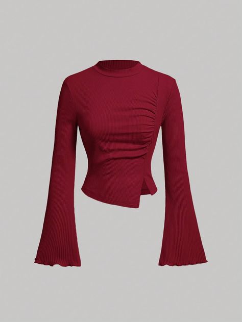 Women's Pleated Side Split Bell Sleeve T-Shirt Burgundy Casual  Long Sleeve Knitted Fabric Plain  Medium Stretch  Women Clothing, size features are:Bust: ,Length: ,Sleeve Length: Shein Long Sleeve Top, Shein Tops Shirts, Burgundy Clothing, Clothes From Shein, Designs For Clothes, Burgundy Clothes, Sinful Clothing, Bell Sleeves Top, Long Sleeve Shirts For Women