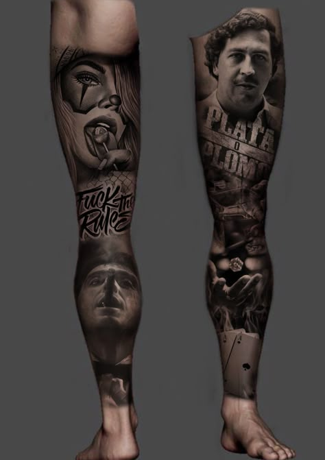 Gangsta Leg Sleeve, Full Leg Tattoo Design, Leg Sleeve Tattoo Men Full, Chicano Style Tattoo Design, Chicano Leg Sleeve, Cholo Style Tattoo, Leg Sleeve Design, Movie Character Tattoos, Mafia Theme