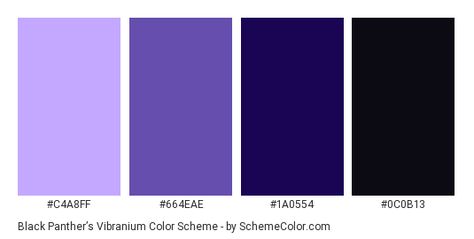 Download Black Panther’s Vibranium color scheme consisting of #C4A8FF, #664EAE, #1A0554 and #0C0B13. This 4 colors palette has been categorised in Black, Purple and Violet color categories. Black Panther Color Palette, Wakanda Color Palette, Wednesday Color Palette, Purple And Black Palette, Black And Purple Color Palette, Black Purple Color Palette, Purple And Black Color Palette, Color Categories, Avengers Coloring