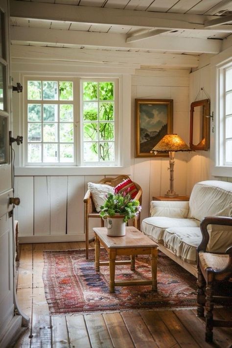 and everything nice! Simple Cottage Interior, Weatherboard Renovation, Small Cottage Homes Interior, English Cottage Living Room Ideas, Swedish Cottage Interior, Small Cottage Living Room, Cottage Living Room Ideas, Cozy Cottage Home, English Cottage Living Room