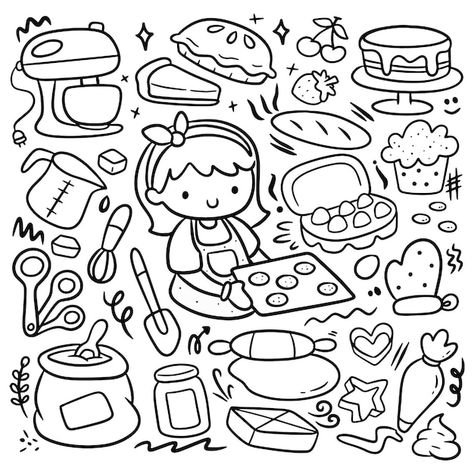 Baking Coloring Pages, Baking Doodles, Baking Drawing, Banner Doodle, Calendar Doodles, Themed Photography, Kids Doodles, Cute Little Tattoos, Kawaii Illustration