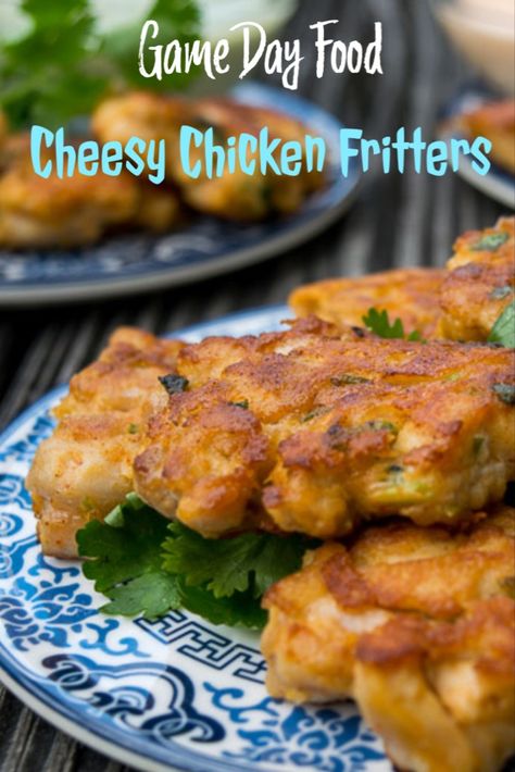 Chicken, Cheese & Frying are my three favorite words in the world. When they come together the result is CHEESY CHICKEN FRITTERS jam-packed with flavors. Chili Garlic Paste, Chili Paste, Cheesy Chicken, Samosa, Game Day Food, Tandoori Chicken, Dinner Party, Appetizer Snacks, Chicken Recipes