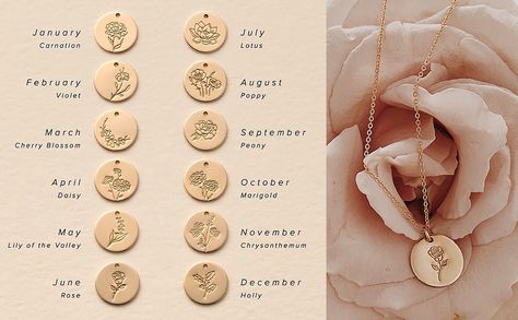 Necklaces Dainty, Disk Necklace, Birth Flower Necklace, Floral Pendant Necklace, Engraved Pendant, Hand Stamped Necklace, Birth Month Flower, Month Flowers, Floral Pendant