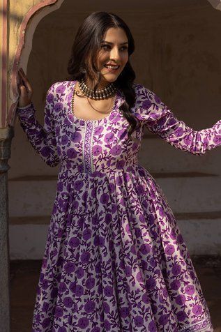 Shop for POMCHA JAIPUR Purple Monsoon Lilly Printed Anarkali Set for Women Online at Aza Fashions Pomcha Jaipur, Cotton Printed Anarkali, Printed Anarkali Suits, Purple Anarkali, Flared Anarkali, Organza Embroidery, Printed Anarkali, Anarkali Kurti, Anarkali Kurta