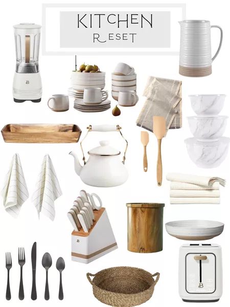 Neutral Kitchen Accessories, Kitchen Esthetics, Kitchen Necessities List, Beige Kitchen Decor, Airbnb Kitchen, Small Kitchen Decorating Ideas, White Kitchen Accessories, Decor Kitchen Ideas, Acupressure Therapy