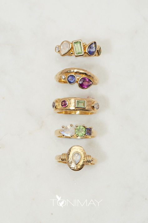 Obsess over our newest collection of rings! Set with semi-precious stones sourced from across the globe, each piece is as unique as you are ✨ Jewellery Unique Design, Cool Girl Rings, Jwellary Unique, Gem Rings, Gold Moonstone Ring, Gold Girl, Dope Jewelry, Precious Jewels, Jewelry Essentials