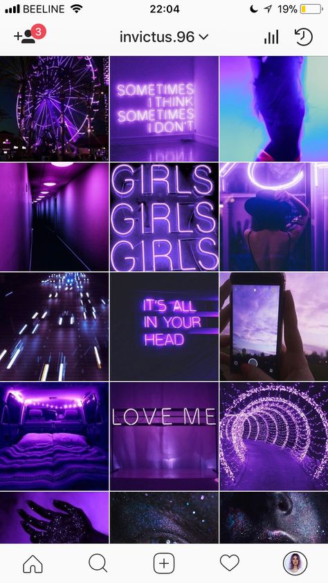 Purple Aesthetic Instagram Feed, Night Club Instagram Feed, Neon Instagram Feed, Instagram Logo Purple, Quotes Neon Lights, Instagram Party Theme, Purple Instagram Feed, Night Girl Aesthetic, Instagram Theme Ideas