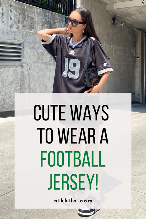 16 Ways To Wear A Football Jersey (That Actually Look Cute) — Nikki Lo Football Jersey Over Hoodie Outfit, Cute Outfits For Football Game, Outfits To Wear To Football Games, Game Day Apparel, Game Date Outfit Football, How To Style Football Jersey Women, Football Fan Outfits Women, Outfit For Nfl Football Game, Trendy Football Game Outfits