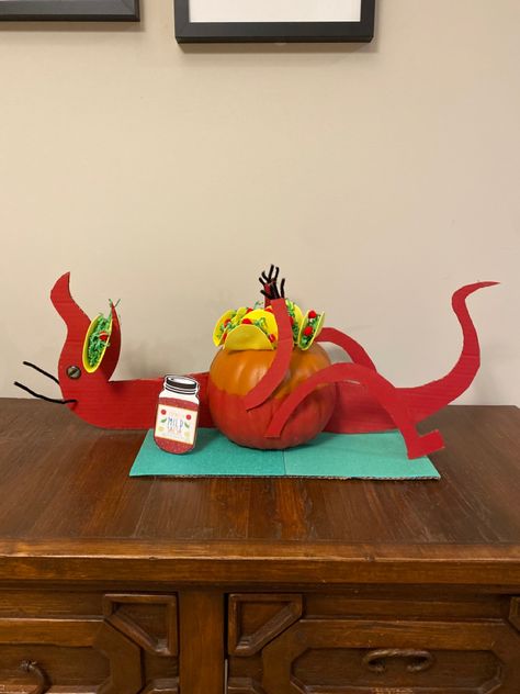 Dragons Love Tacos Pumpkin Decorating, Taco Pumpkin Decorating, Book Inspired Pumpkin Decorating, Pumpkins As Book Characters, Literary Pumpkin Decorating, Dragons Love Tacos Pumpkin, Pumpkin Storybook Character Ideas, Book Pumpkin Project, Dragons Love Tacos Craft