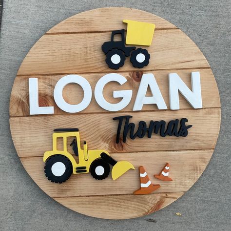 Construction Themed Nursery, Construction Theme Nursery, Construction Nursery Theme, Woodland Forest Nursery, Baby Boy Signs, Construction Nursery, Round Background, Toddlers Room, 3d Construction