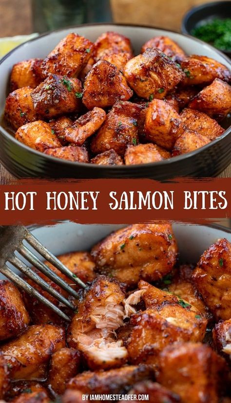 Healthy Dinner Salmon Recipes, Spicy Salmon Cucumber Boats, Healthy Dinner Ideas Salmon, Spicy Honey Garlic Salmon Bites, Spicy Salmon Recipe, Spicy Honey Salmon Recipes, Things To Do With Salmon, Easy Salmon Bites Recipes, Spicy Honey Glazed Salmon