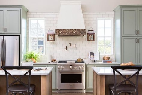 Fixer Upper: A Home With a View | HGTV's Fixer Upper With Chip and Joanna Gaines | HGTV Fixer Upper Ideas, White Cottage Kitchen, Green Kitchen Cabinets, Diy Kitchen Renovation, New Kitchen Cabinets, Kitchen Design Plans, Vent Hood, White Cottage, White Countertops