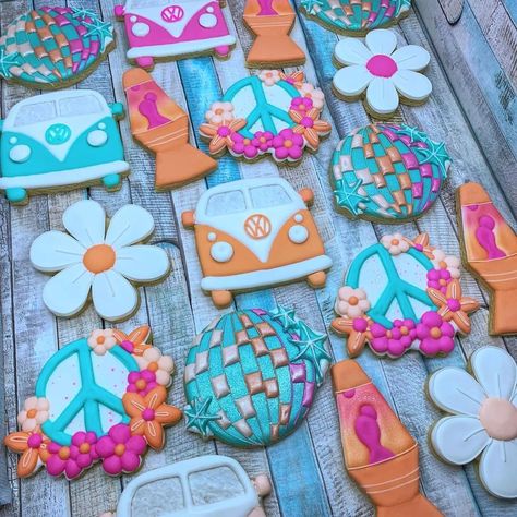 70s Party Theme Decorations, 70s Themed Birthday Party, Hippie Birthday Party, Hippie Birthday, Sugar Cookie Royal Icing, 3rd Birthday Cakes, Iced Sugar Cookies, Sugar Cookie Designs, Holiday Snacks