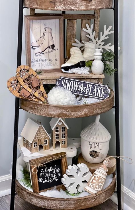 January Tiered Tray Decor, Hobby Lobby Christmas 2022, Winter Tiered Tray Ideas, Winter After Christmas Decor, Winter Shelf Decor, January Decor After Christmas, Hobby Lobby Shelf Decor, After Christmas Winter Decor, Diy Tray Decor