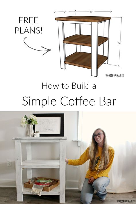 Build your own easy DIY coffee bar table with these free building plans! Simple DIY coffee station table perfect for small space in kitchen or dining area. Small Coffee Bar Table, Diy Wood Coffee Bar, Coffee Bar Plans Diy, Simple Diy Coffee Bar, Small Diy Coffee Bar, Easy Diy Coffee Bar, Diy Coffee Bar Small Space, Wooden Coffee Station, Small Coffee Bar Ideas Diy