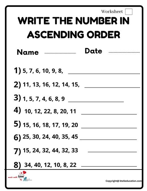 Write The Number In Ascending Order Worksheet 2 | FREE Download Check more at https://kto5education.com/write-the-number-in-ascending-order-worksheet-2/ Ukg Exam Worksheet, Asending Desending Worksheet, Ascending Order Worksheet Grade 1, Ascending Order Worksheet, Ukg Maths Worksheets, Maths Worksheet For Class 1, Ascending Order, Easy Math Activities, Kindergarten Math Worksheets Addition